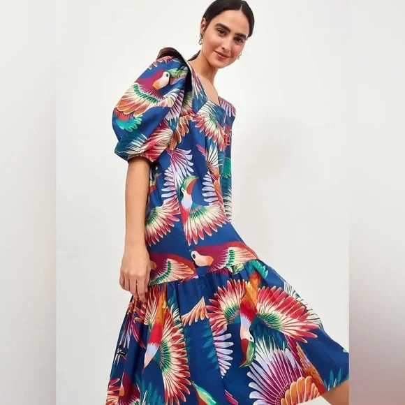 FARM Rio Navy Colorful Toucans Midi DRESS, MULTI / S FARM Rio Navy Colorful Toucans Midi DRESS, MULTI / S